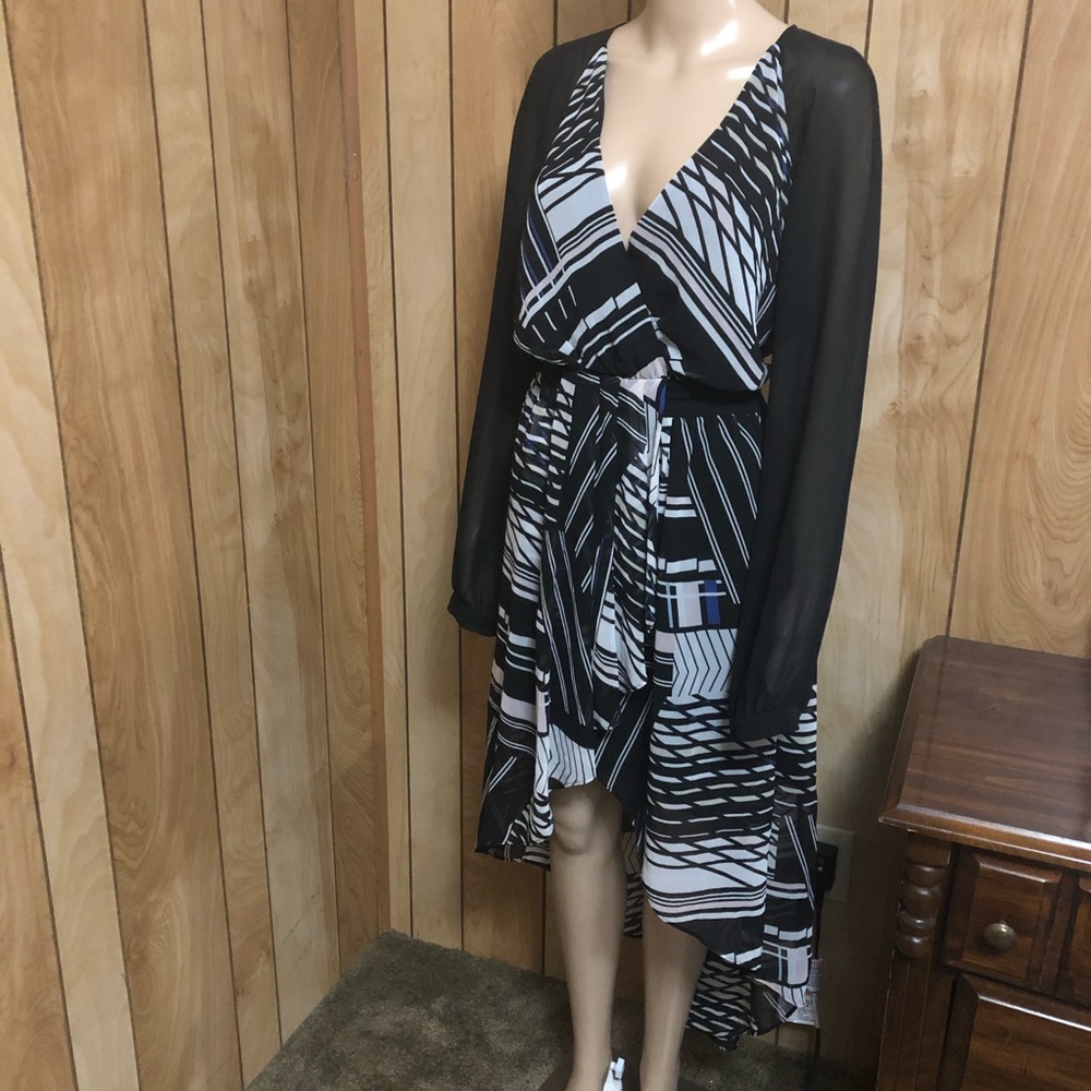 Geometric Print Chiffon High Low Dress